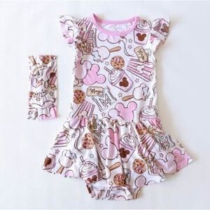 Pink and Brown Patterned Baby Dress with Headband